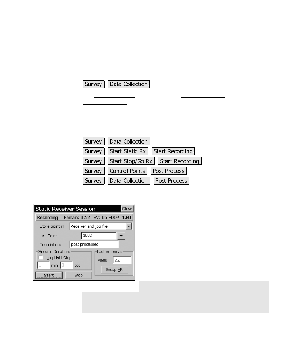 Data collection, Receiver session screen | Spectra Precision Survey Pro CE v3.60 GPS User Manual User Manual | Page 166 / 187