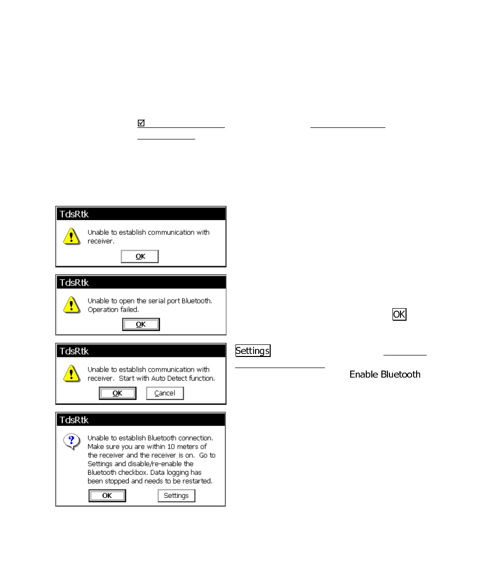 Recovering from signal loss, Bluetooth error messages | Spectra Precision Survey Pro CE v3.60 GPS User Manual User Manual | Page 63 / 187