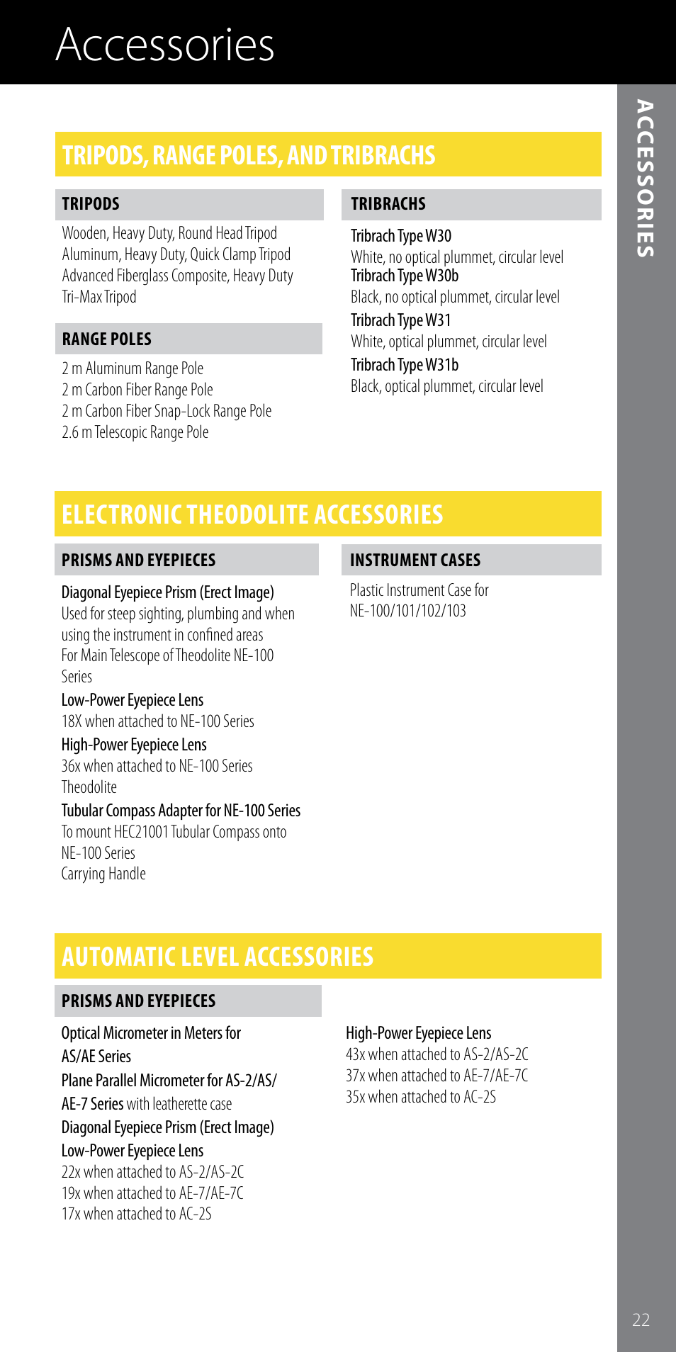 Accessories, Automatic level accessories, Ac c essories | Spectra Precision Nikon Catalog Combined User Manual | Page 25 / 28