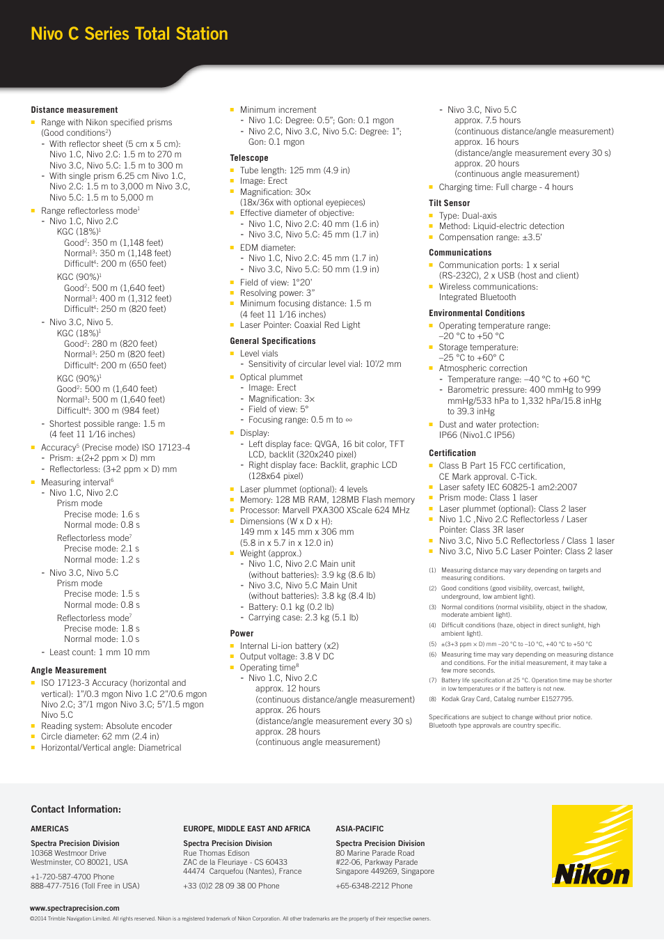 Nivo c series total station, Contact information | Spectra Precision Nikon Nivo C User Manual | Page 2 / 2