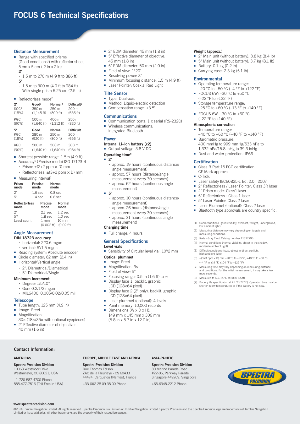 Focus 6 technical specifications, Distance measurement, Angle measurement | Telescope, Tilte sensor, Communications, Power, General specifications, Environmental, Certification | Spectra Precision FOCUS 6 User Manual | Page 2 / 2