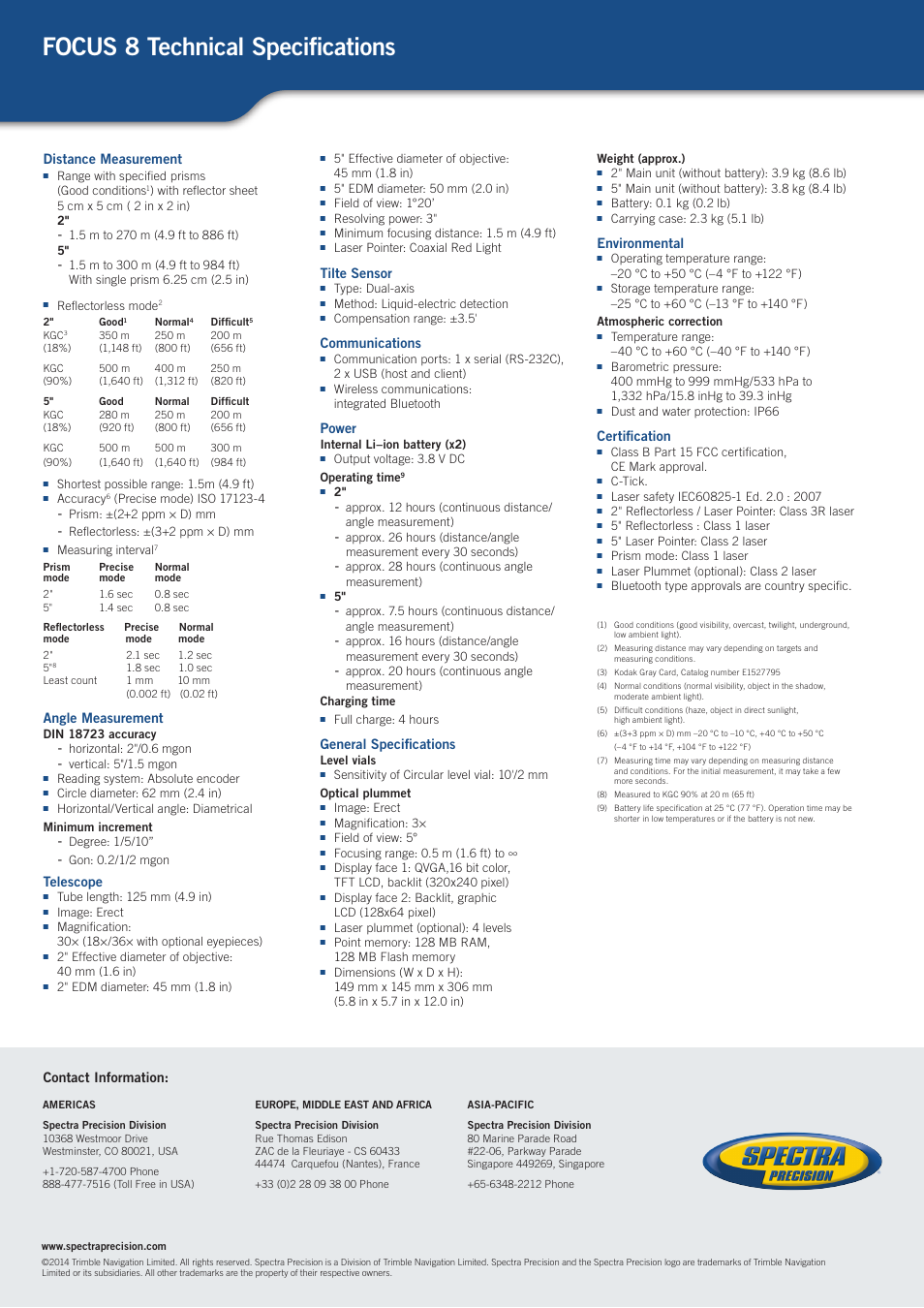 Focus 8 technical specifications, Distance measurement, Angle measurement | Telescope, Tilte sensor, Communications, Power, General specifications, Environmental, Certification | Spectra Precision FOCUS 8 User Manual | Page 2 / 2