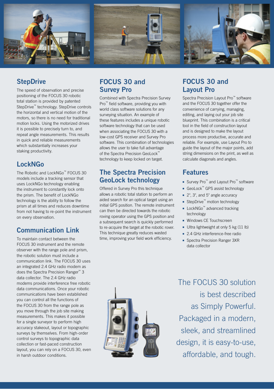 Stepdrive, Lockngo, Communication link | Focus 30 and survey pro, The spectra precision geolock technology, Focus 30 and layout pro, Features | Spectra Precision FOCUS 30 User Manual | Page 3 / 4