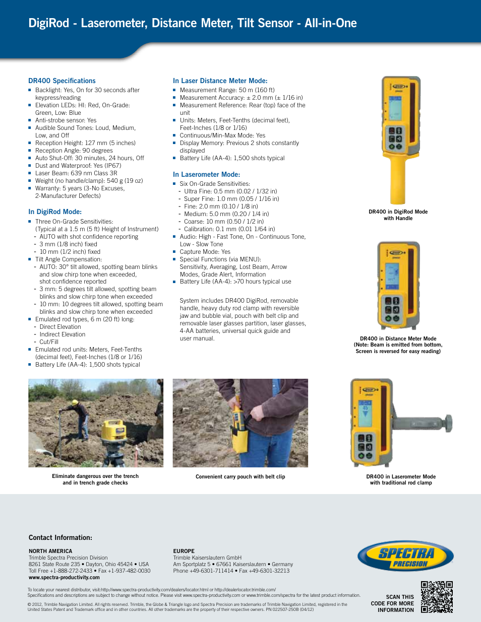Contact information, Dr400 specifications | Spectra Precision DR400 Digital Rod User Manual | Page 2 / 2