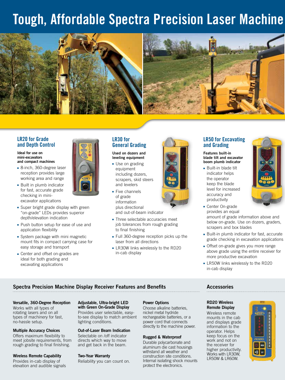 Lr50 for excavating and grading, Lr20 for grade and depth control, Lr30 for general grading | Spectra Precision LR20 Laser Machine Display Receiver User Manual | Page 2 / 4