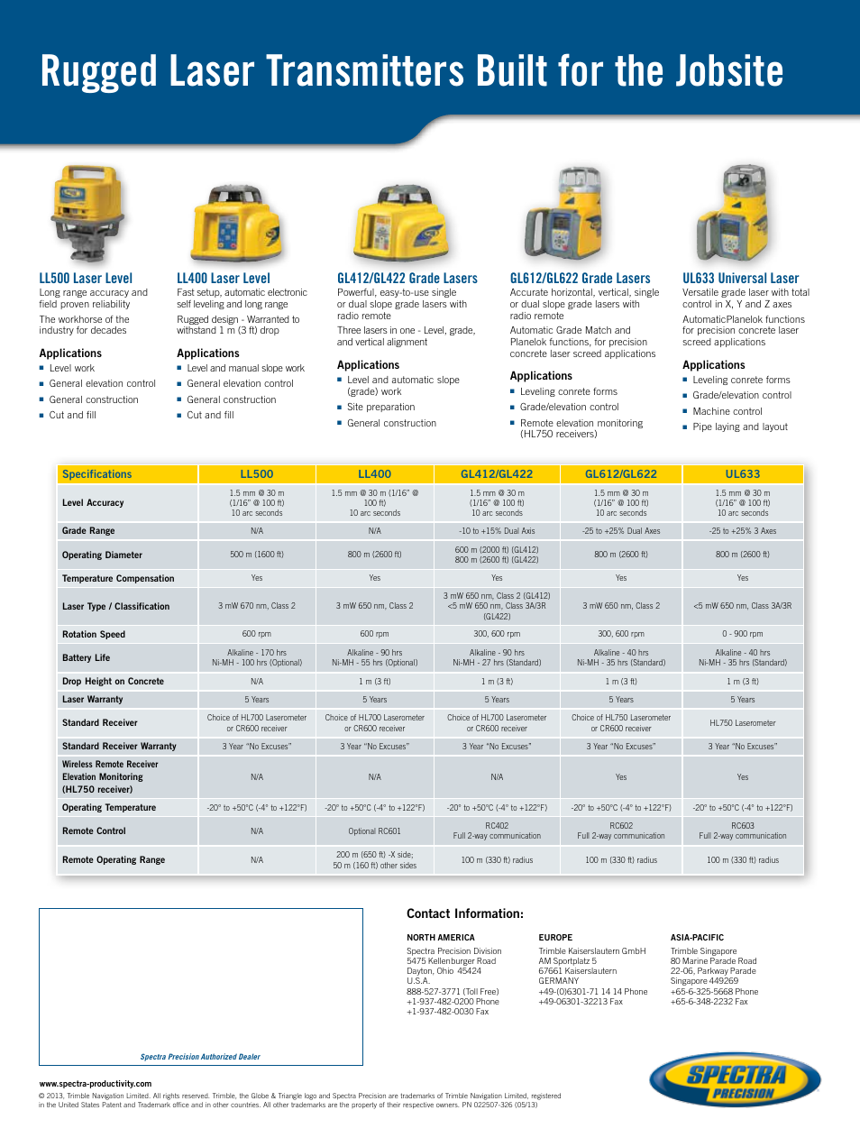 Rugged laser transmitters built for the jobsite, Ll400 laser level, Ll500 laser level | Ul633 universal laser, Contact information | Spectra Precision LR20 Laser Machine Display Receiver User Manual | Page 4 / 4