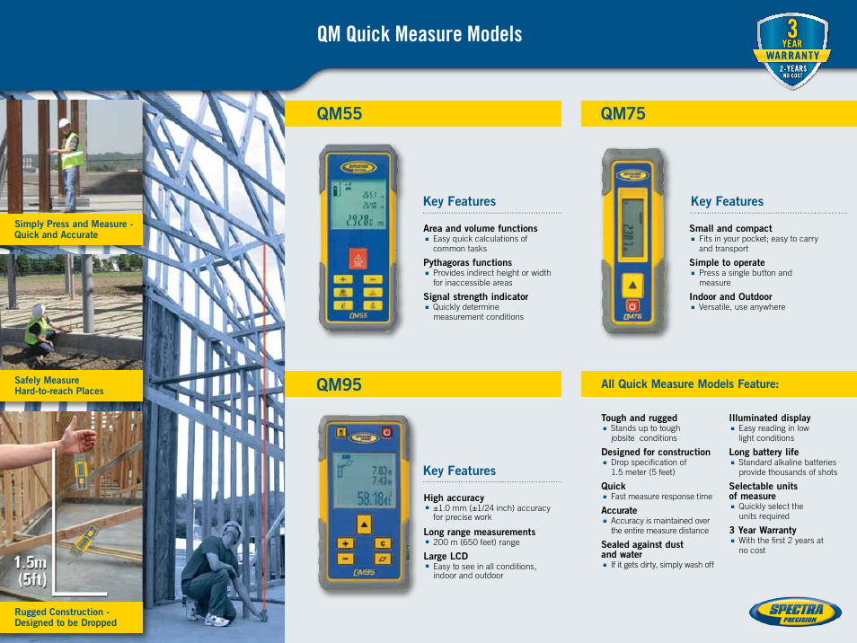 Qm quick measure models, Qm55, Qm75 | Qm95, Key features, All quick measure models feature | Spectra Precision QM55 Laser Distance Meter User Manual | Page 2 / 2
