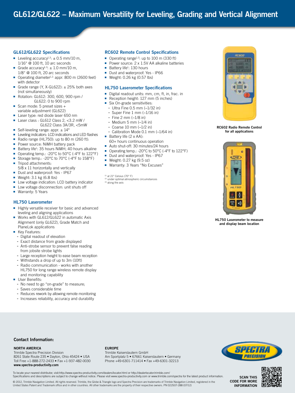 Contact information, Hl750 laserometer, Rc602 remote control specifications | Hl750 laserometer specifications | Spectra Precision GL612 Grade Laser User Manual | Page 2 / 2