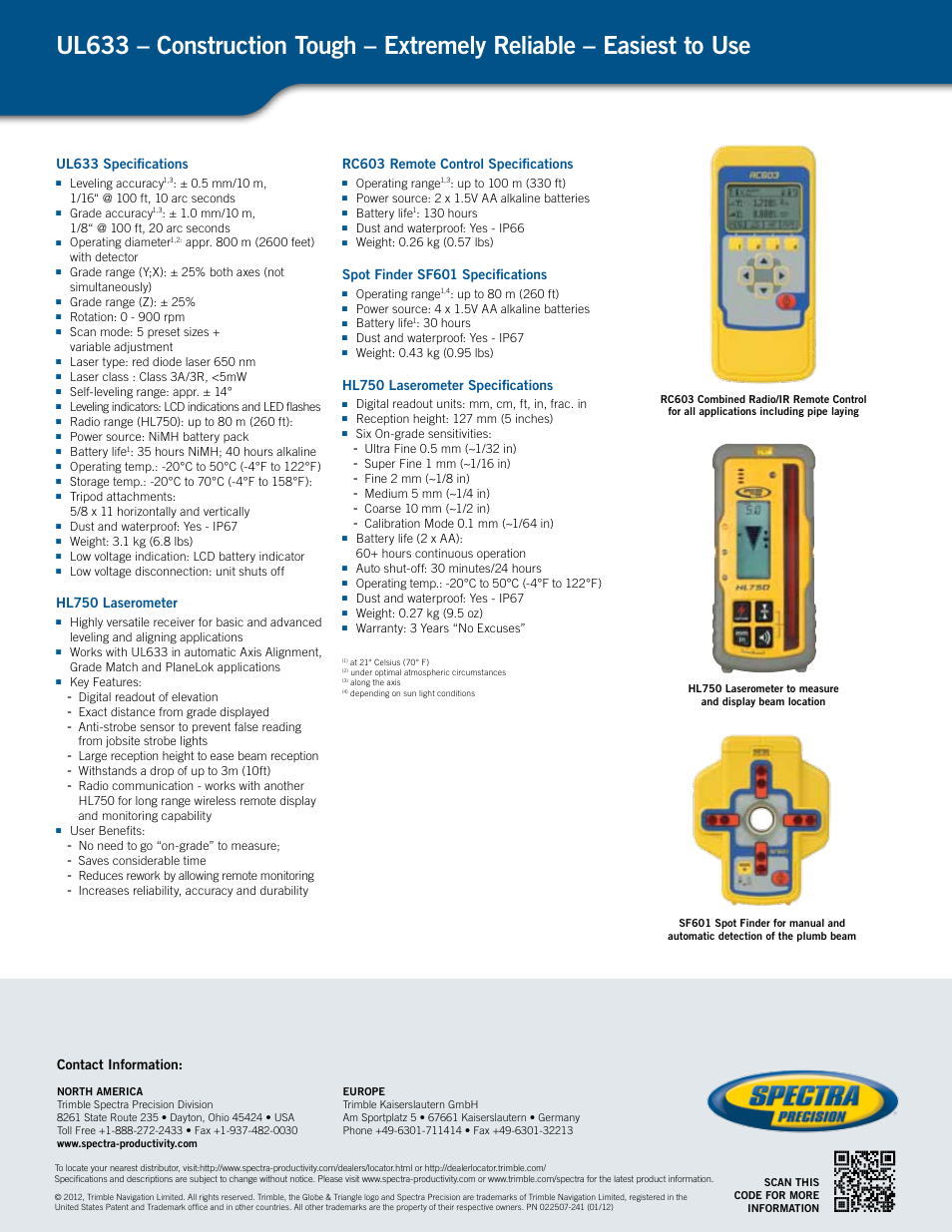 Contact information, Ul633 specifications, Hl750 laserometer | Rc603 remote control specifications, Spot finder sf601 specifications, Hl750 laserometer specifications | Spectra Precision UL633 Universal Laser User Manual | Page 2 / 2