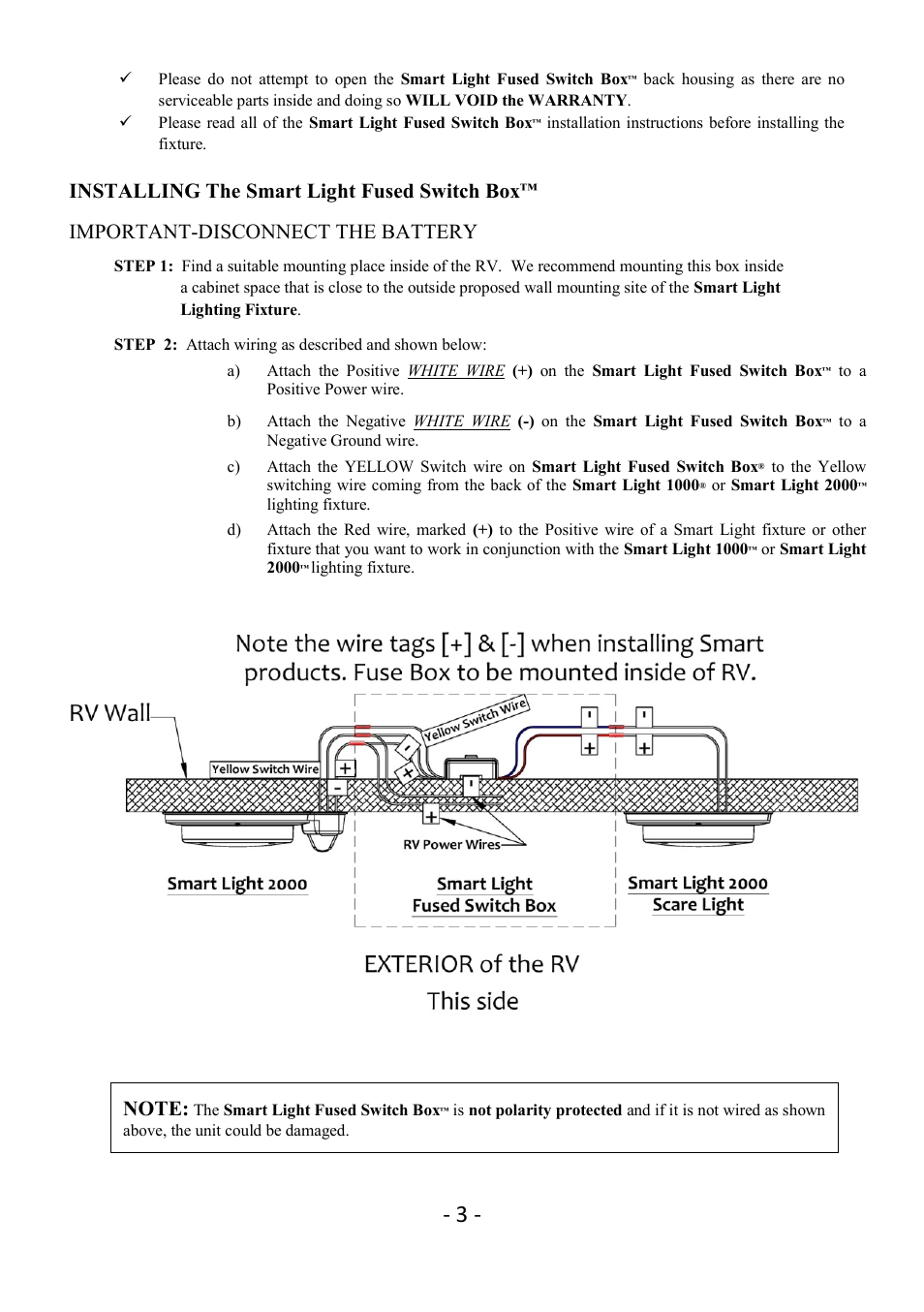 Installing the smart light fused switch box, Important-disconnect the battery | Star Lights Revolution 2000 Fused Relay Box User Manual | Page 3 / 5