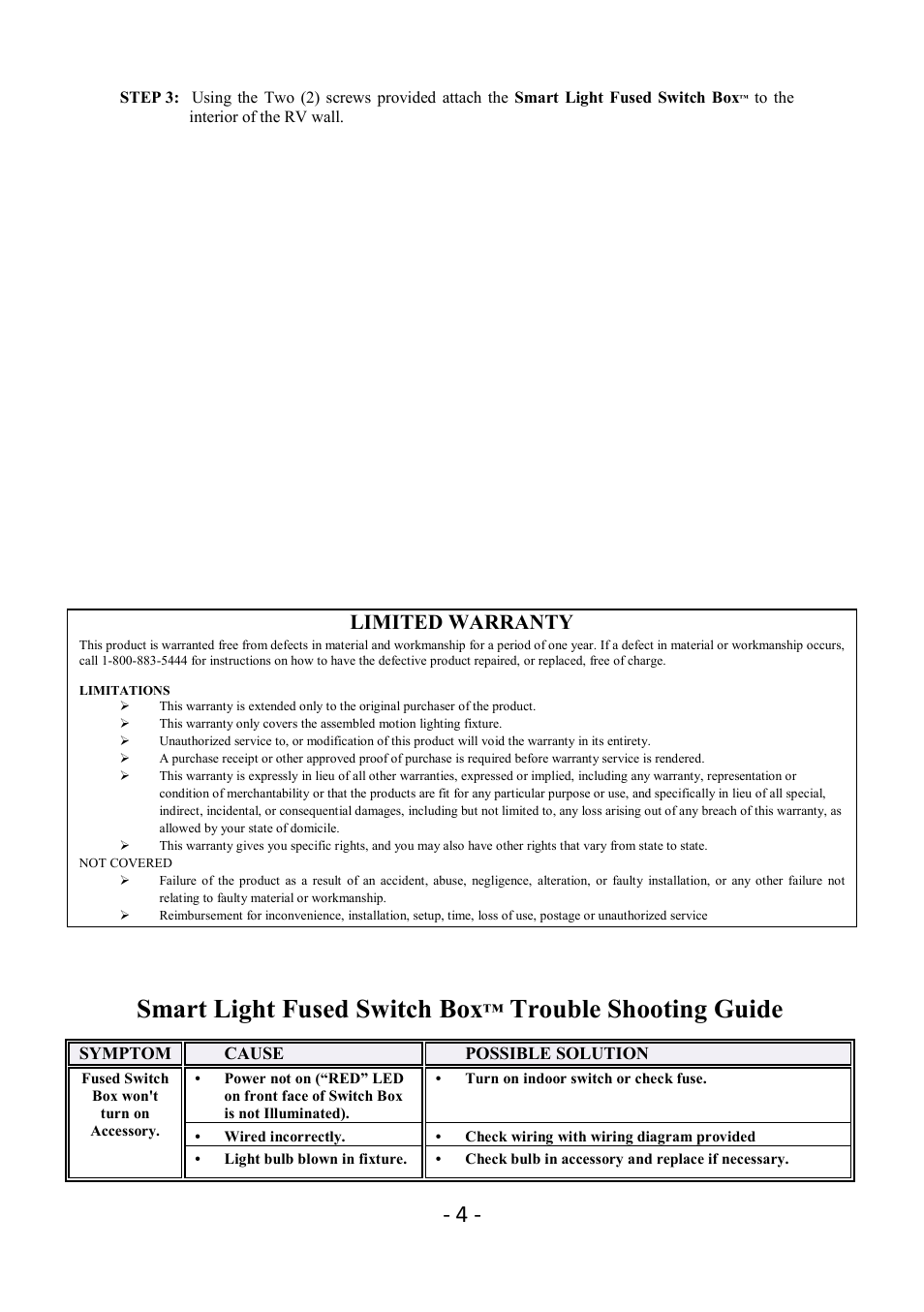 Smart light fused switch box, Trouble shooting guide, Limited warranty | Star Lights Revolution 2000 Fused Relay Box User Manual | Page 4 / 5