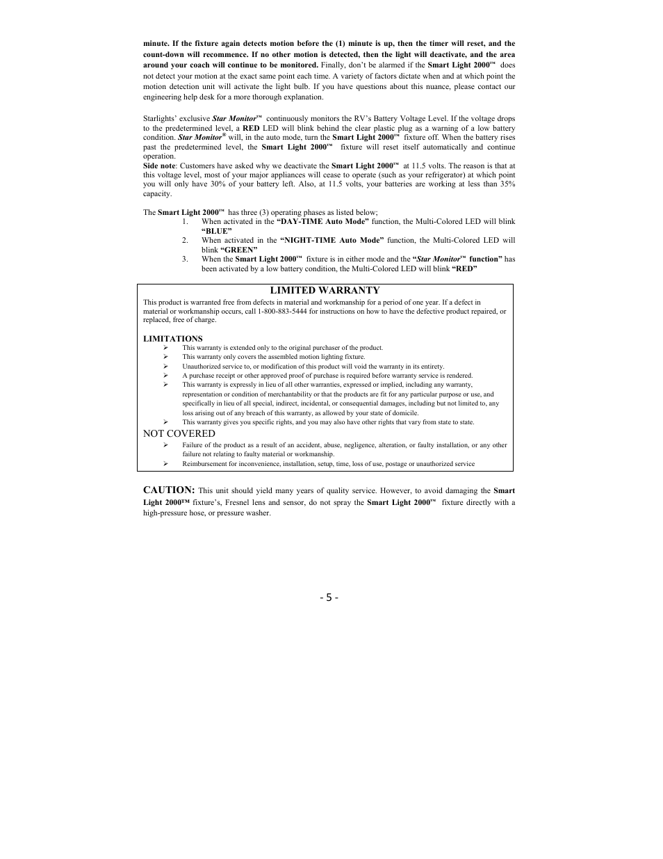 Limited warranty, Not covered, Caution | Star Lights Smart Light 2000 User Manual | Page 5 / 7