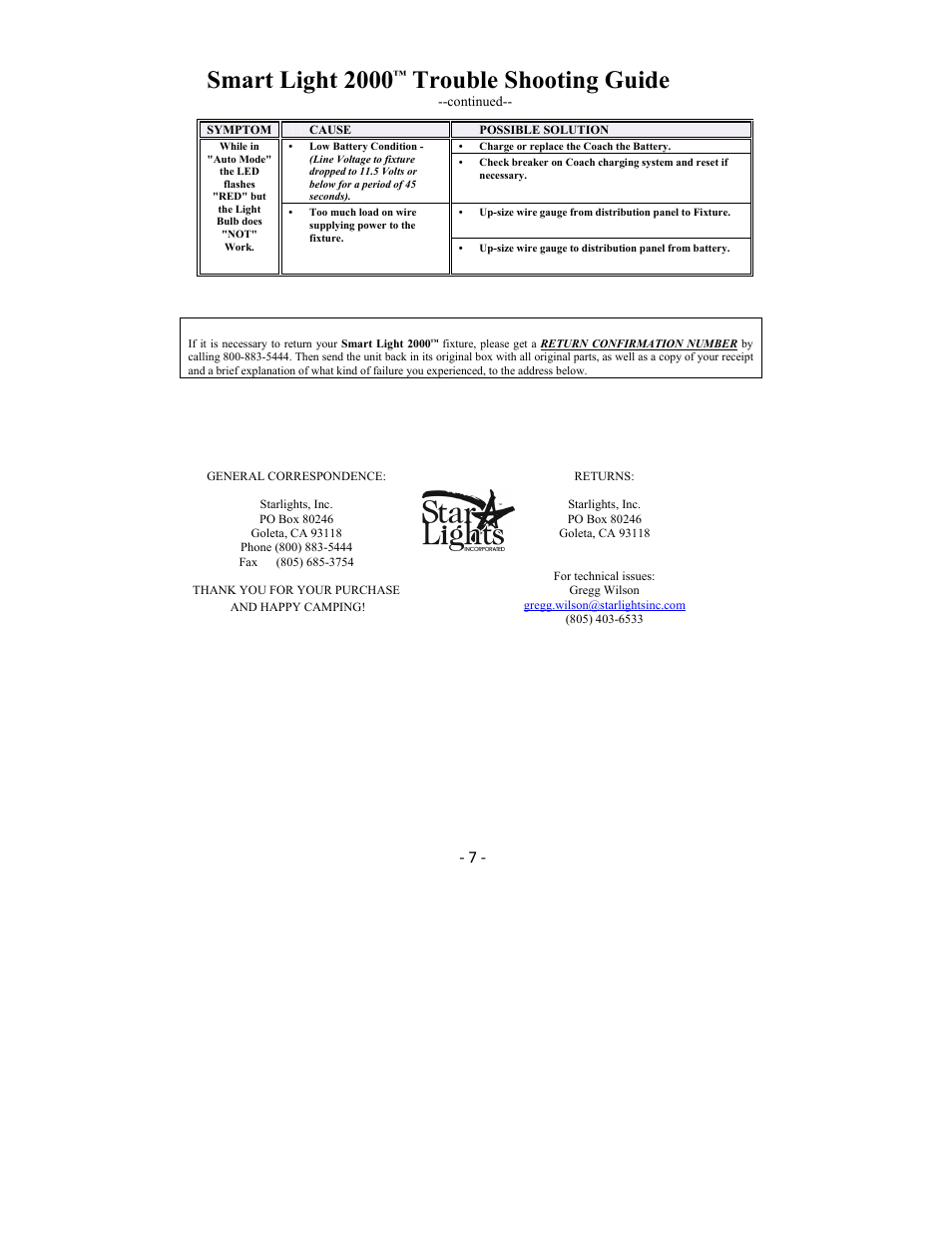 Smart light 2000, Trouble shooting guide | Star Lights Smart Light 2000 User Manual | Page 7 / 7