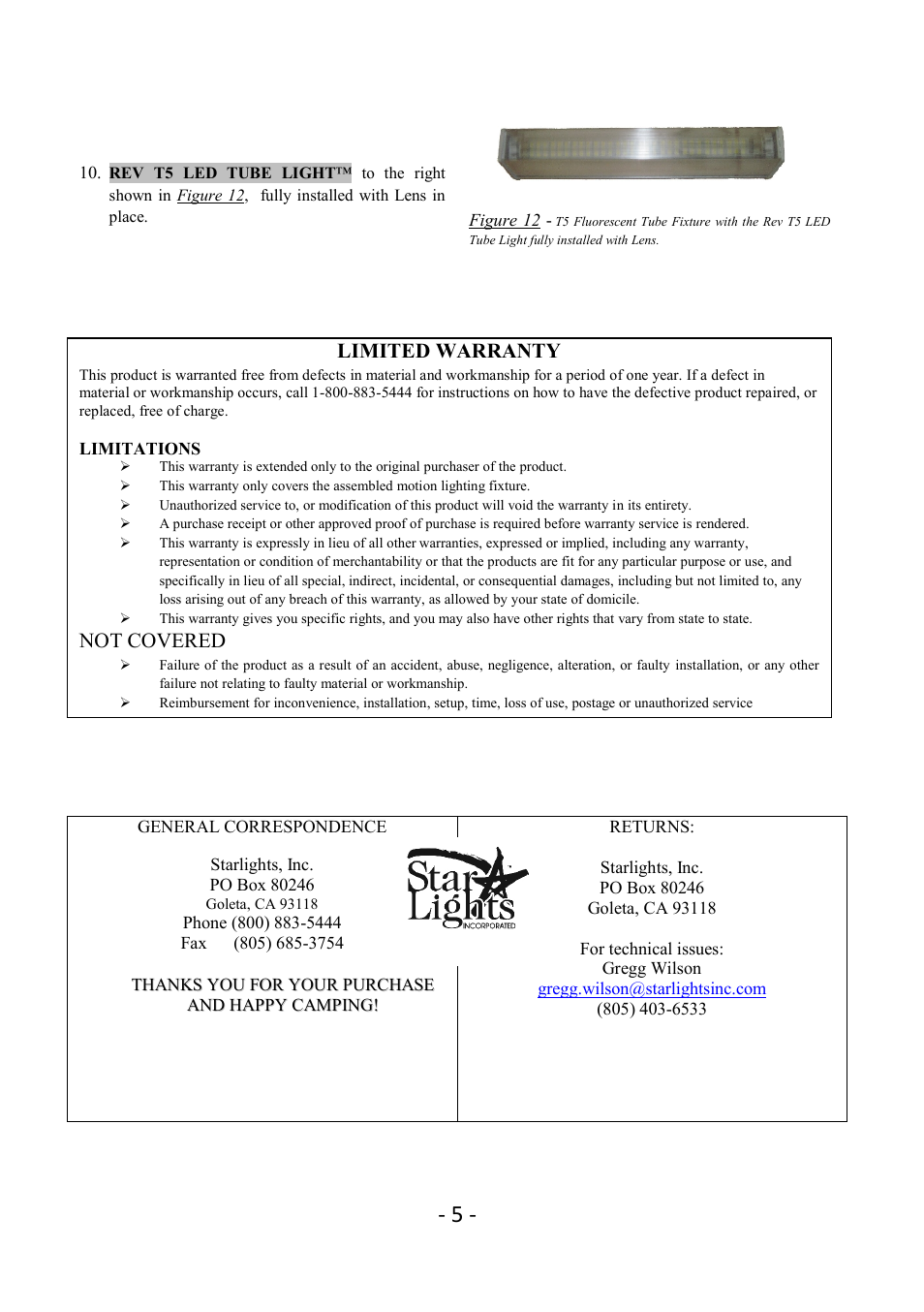 Limited warranty, Not covered | Star Lights Revolution T5-12 User Manual | Page 5 / 5