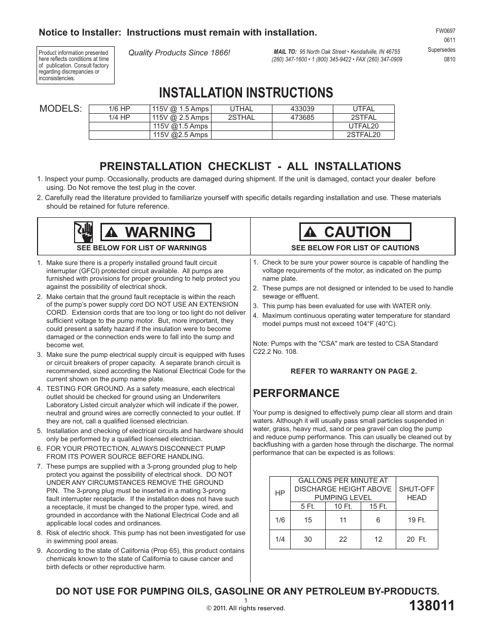 Star Water Systems 2STHAL (Flint & Walling) User Manual | 6 pages