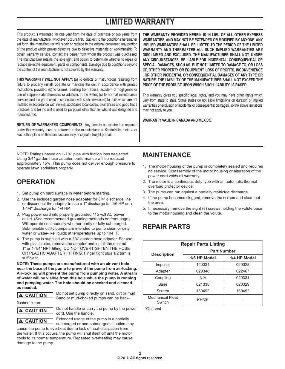 Limited warranty, Operation, Maintenance | Repair parts | Star Water Systems 2STHAL (Flint & Walling) User Manual | Page 2 / 6