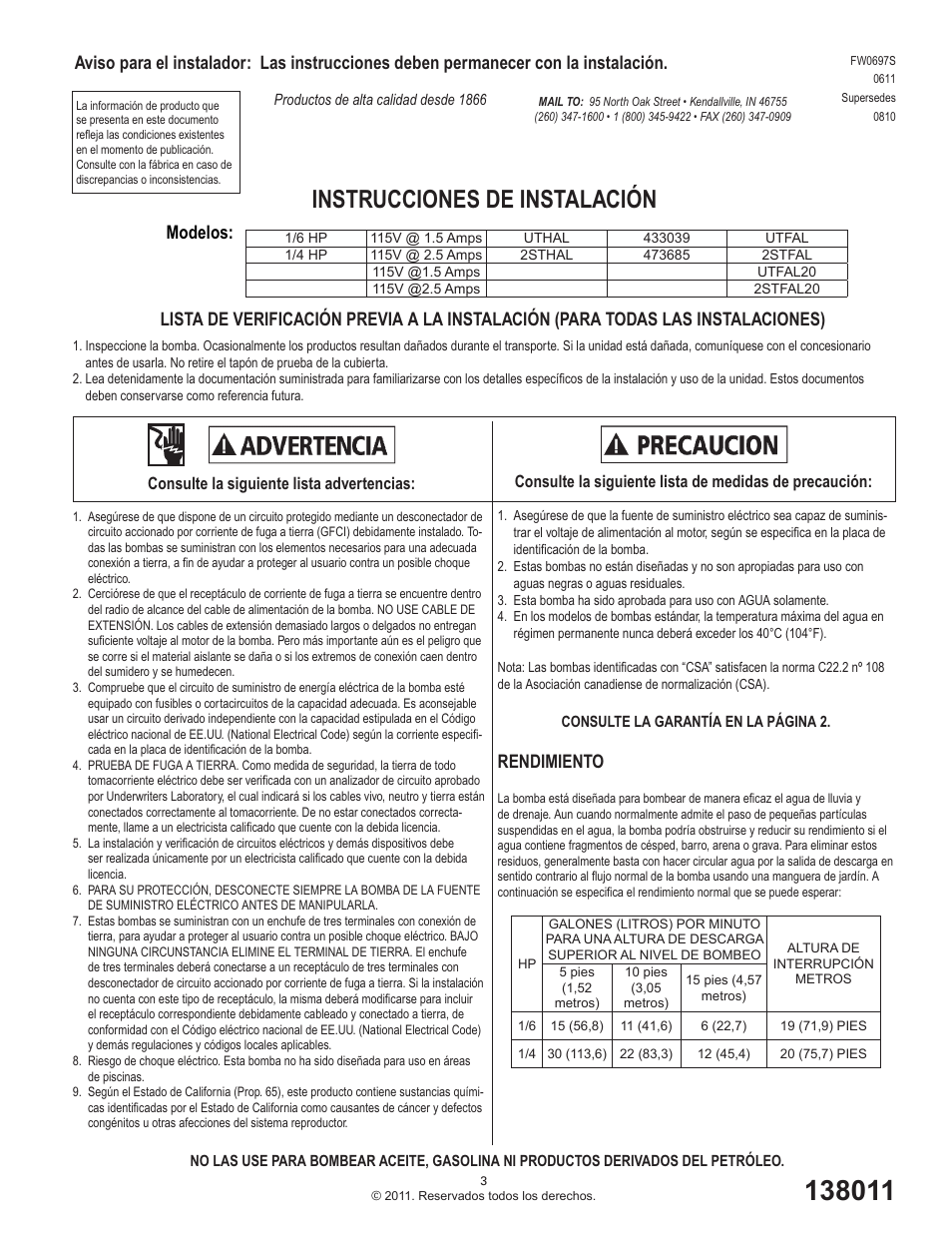 Instrucciones de instalación, Rendimiento, Modelos | Star Water Systems 2STHAL (Flint & Walling) User Manual | Page 3 / 6