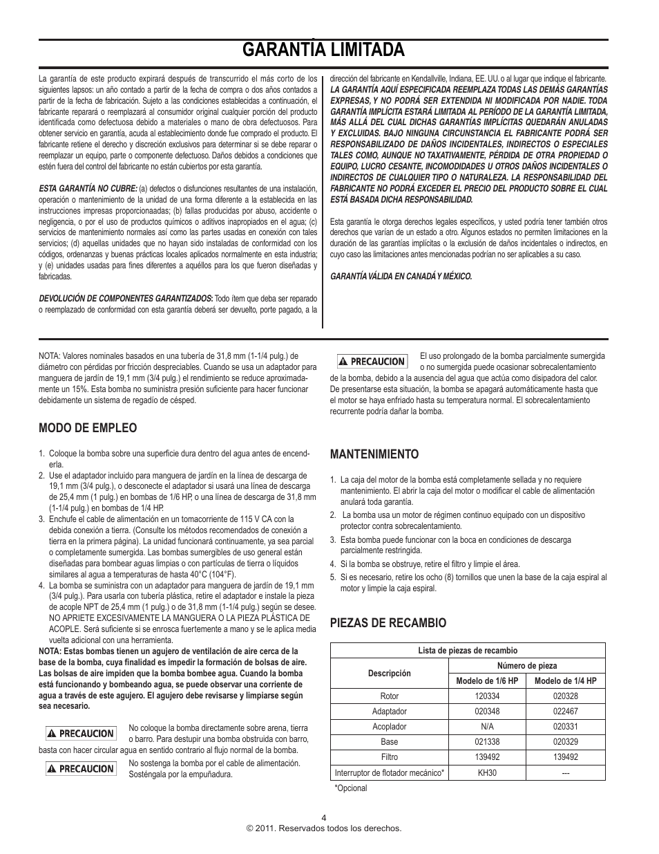 Garantía limitada, Modo de empleo, Mantenimiento | Piezas de recambio | Star Water Systems 2STHAL (Flint & Walling) User Manual | Page 4 / 6