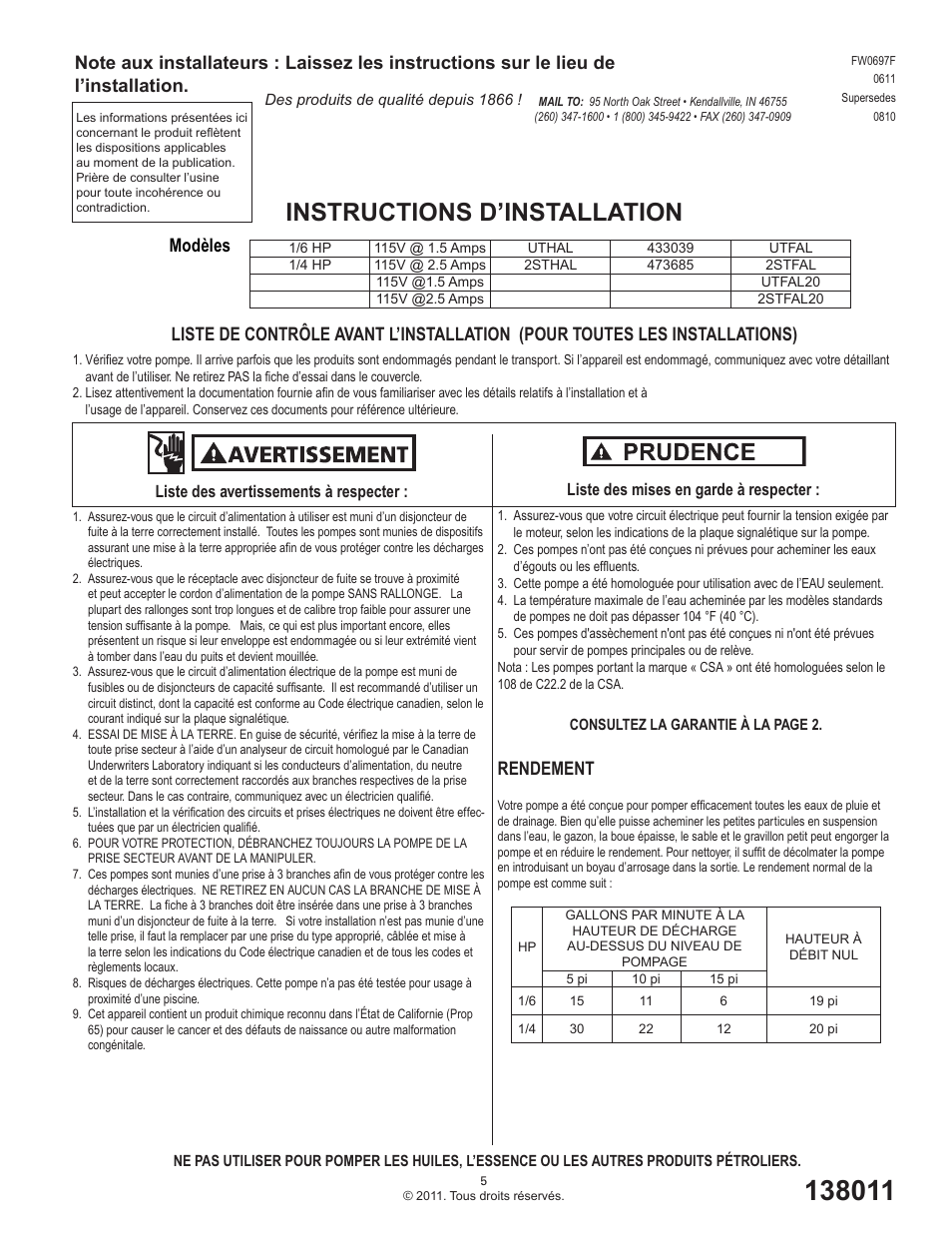 Instructions d’installation, Rendement, Modèles | Star Water Systems 2STHAL (Flint & Walling) User Manual | Page 5 / 6