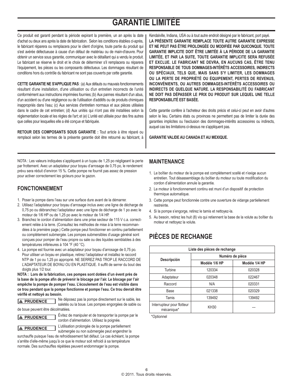 Garantie limitée, Pièces de rechange, Fonctionnement | Maintenance | Star Water Systems 2STHAL (Flint & Walling) User Manual | Page 6 / 6