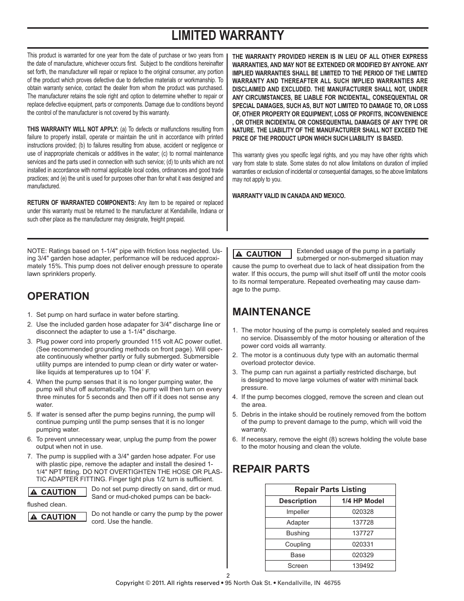 Limited warranty, Operation, Maintenance | Repair parts | Star Water Systems 453663 User Manual | Page 2 / 6