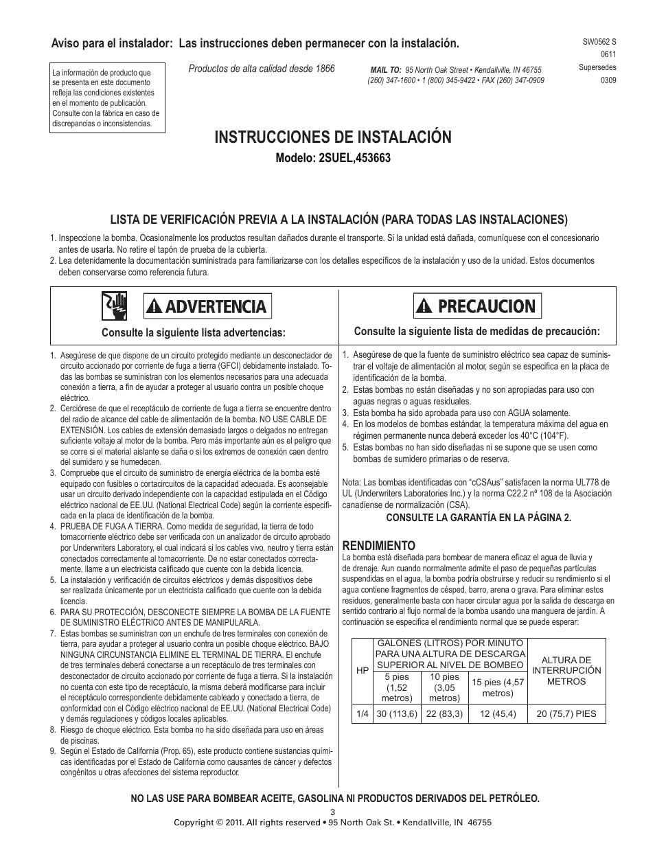 Instrucciones de instalación, Rendimiento | Star Water Systems 453663 User Manual | Page 3 / 6