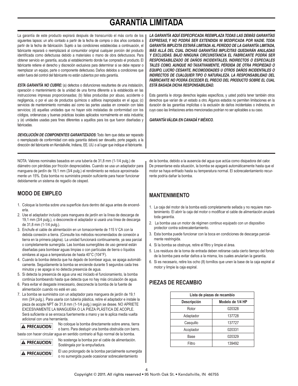 Garantía limitada, Modo de empleo, Mantenimiento | Piezas de recambio | Star Water Systems 453663 User Manual | Page 4 / 6