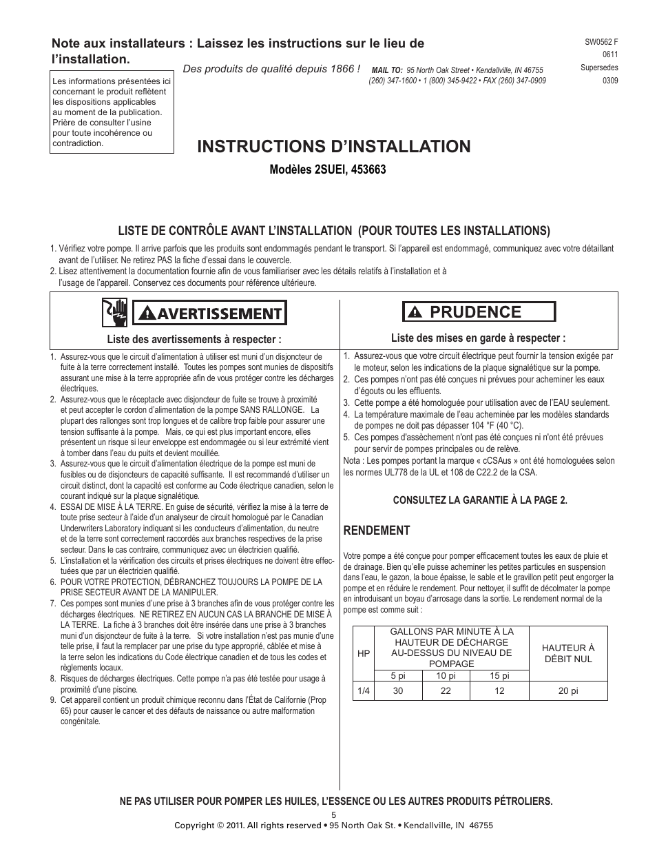 Instructions d’installation, Rendement | Star Water Systems 453663 User Manual | Page 5 / 6