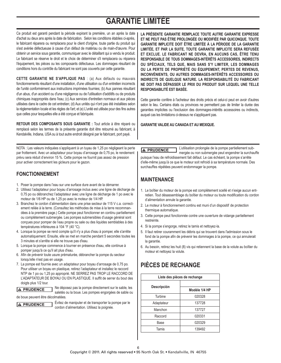 Garantie limitée, Pièces de rechange, Fonctionnement | Maintenance | Star Water Systems 453663 User Manual | Page 6 / 6