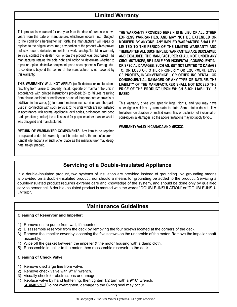 Limited warranty, Maintenance guidelines, Servicing of a double-insulated appliance | Star Water Systems COND1 User Manual | Page 2 / 6