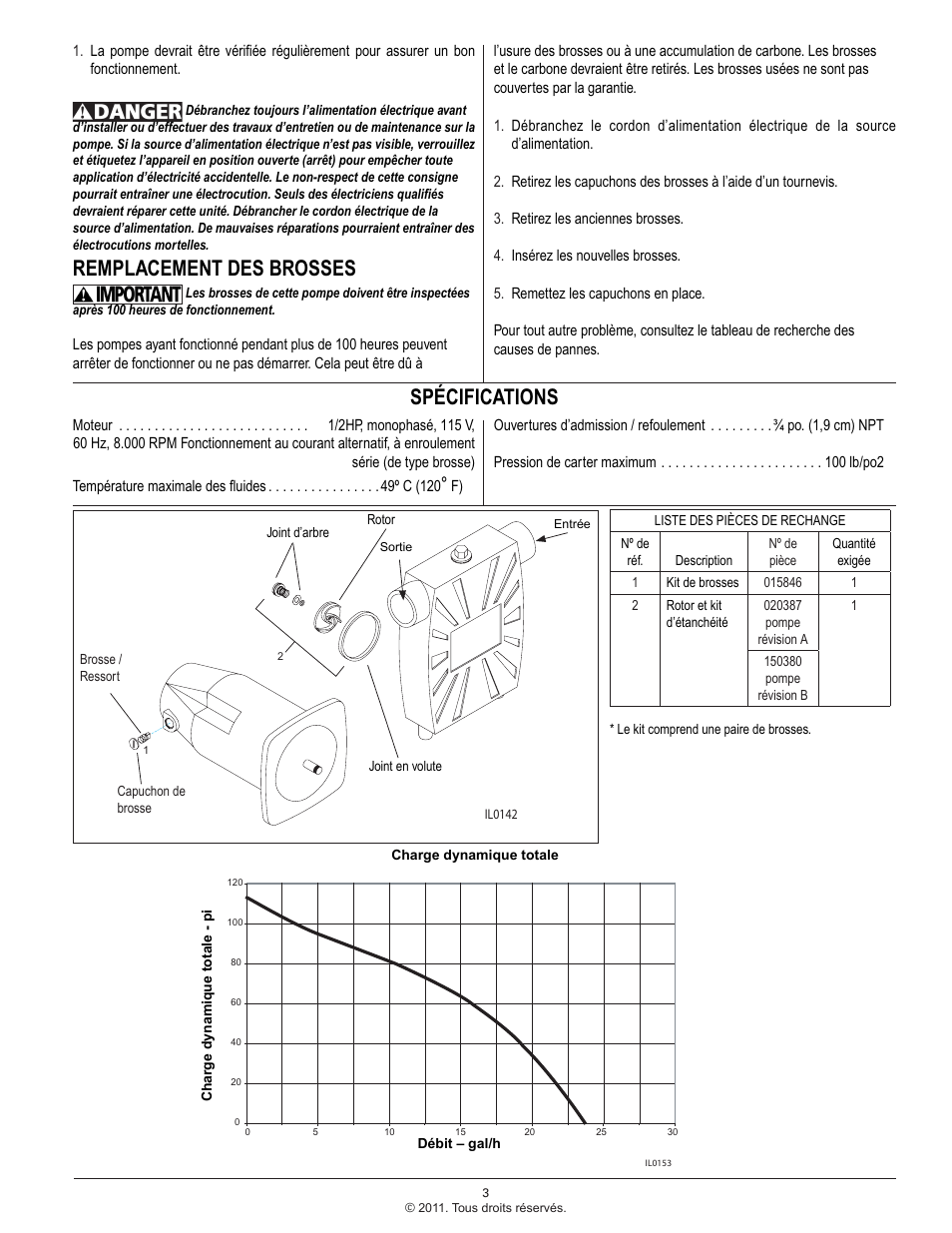 Remplacement des brosses, Spécifications | Star Water Systems CF511 (Flint & Walling) User Manual | Page 11 / 12