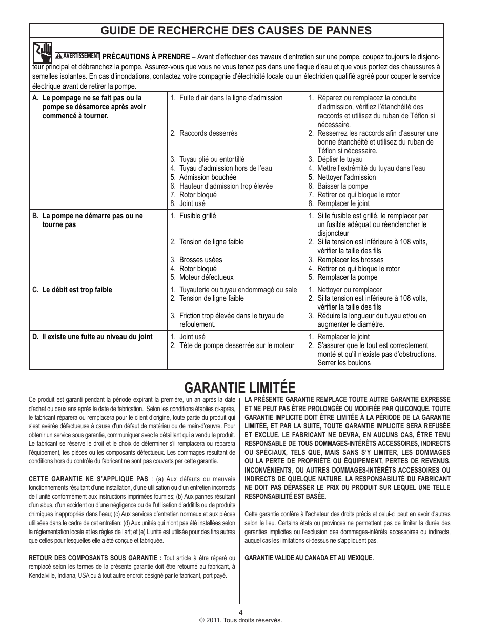 Garantie limitée, Guide de recherche des causes de pannes | Star Water Systems CF511 (Flint & Walling) User Manual | Page 12 / 12