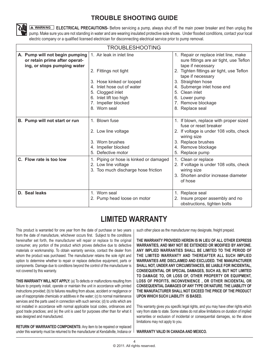 Limited warranty, Trouble shooting guide | Star Water Systems CF511 (Flint & Walling) User Manual | Page 4 / 12