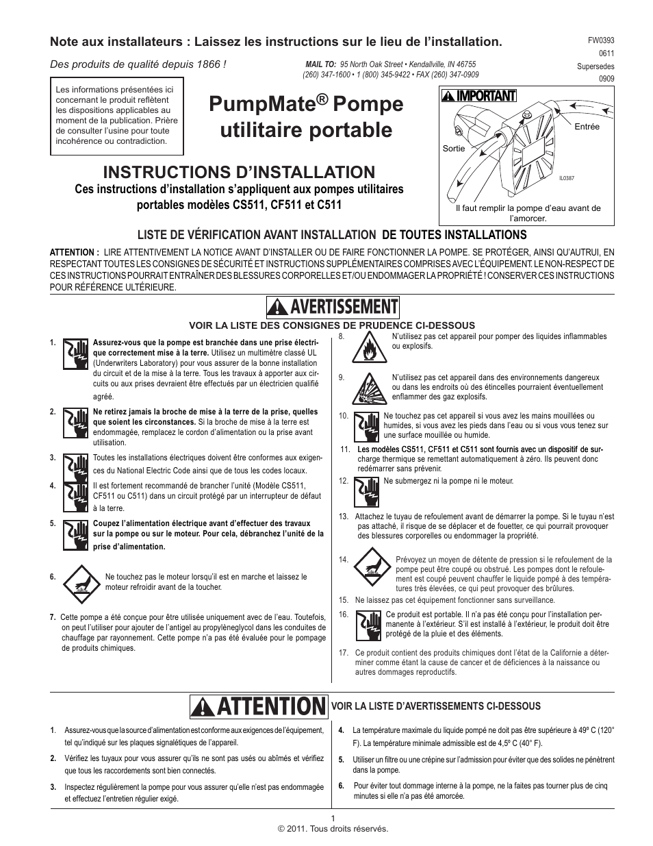 Pumpmate, Pompe utilitaire portable, Instructions d’installation | Star Water Systems CF511 (Flint & Walling) User Manual | Page 9 / 12