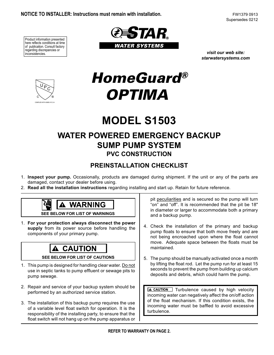 Star Water Systems S1503 User Manual | 24 pages