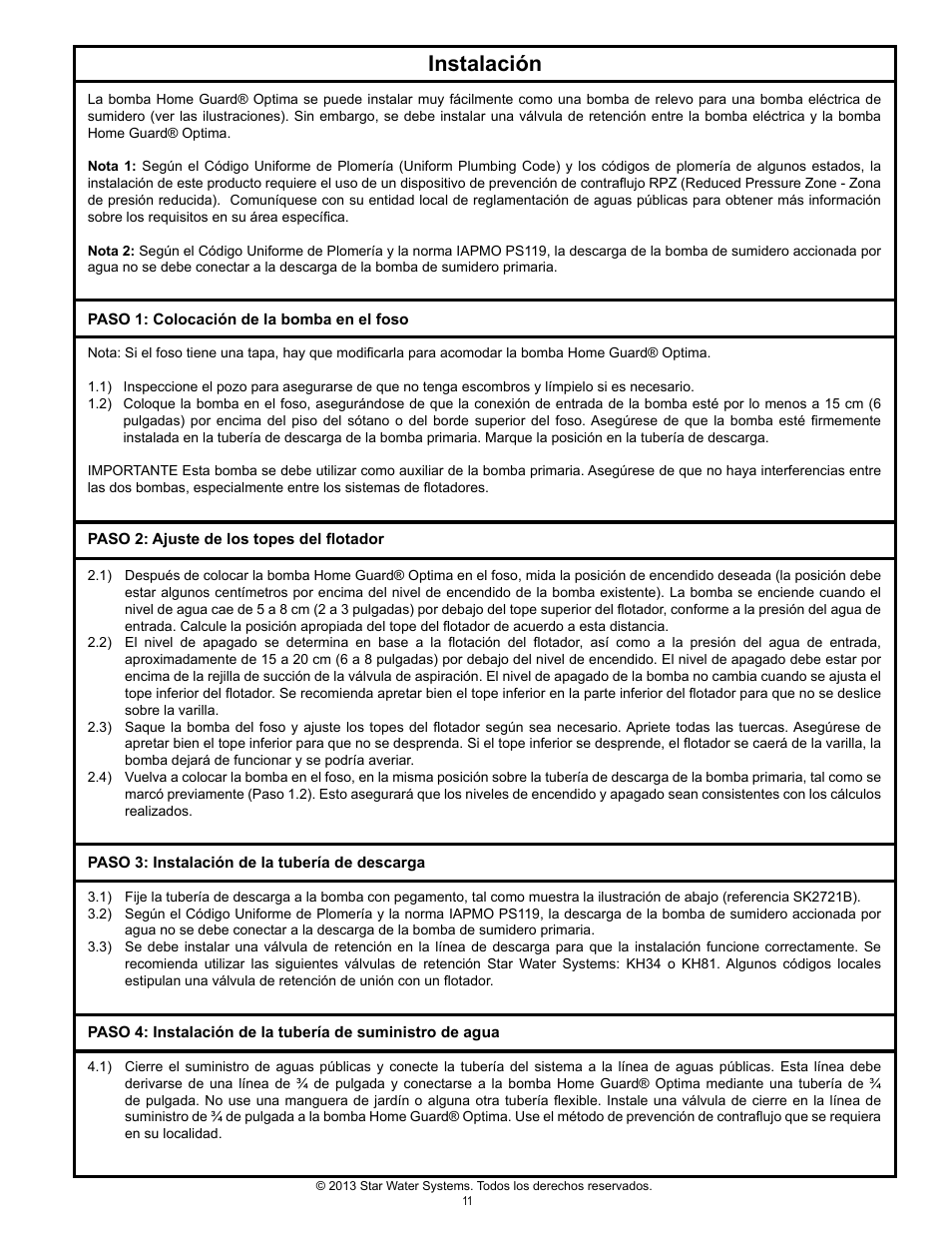 Instalación | Star Water Systems S1503 User Manual | Page 11 / 24