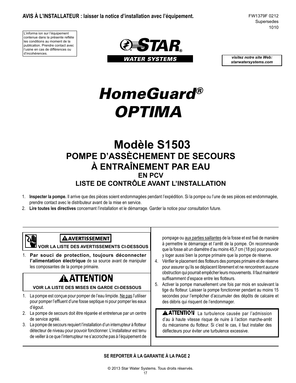 Homeguard, Optima, Modèle s1503 | Star Water Systems S1503 User Manual | Page 17 / 24