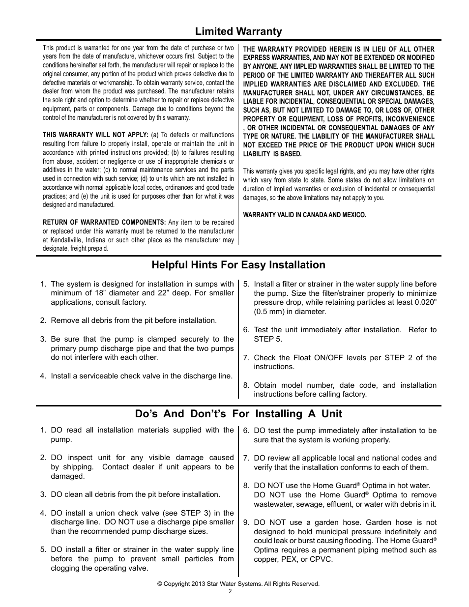 Limited warranty, Do’s and don’t’s for installing a unit, Helpful hints for easy installation | Star Water Systems S1503 User Manual | Page 2 / 24