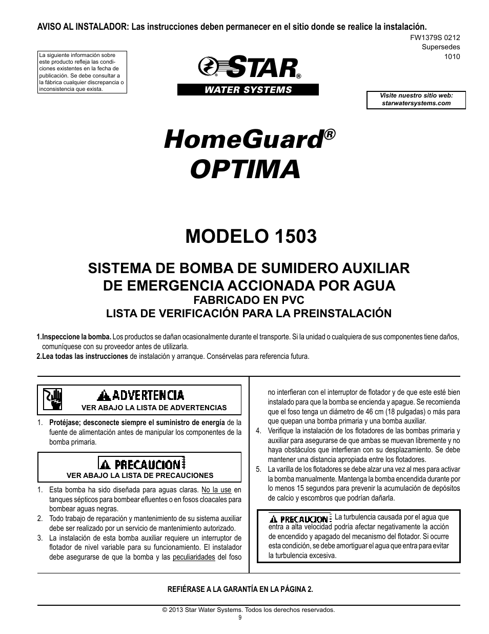 Homeguard, Optima, Modelo 1503 | Star Water Systems S1503 User Manual | Page 9 / 24