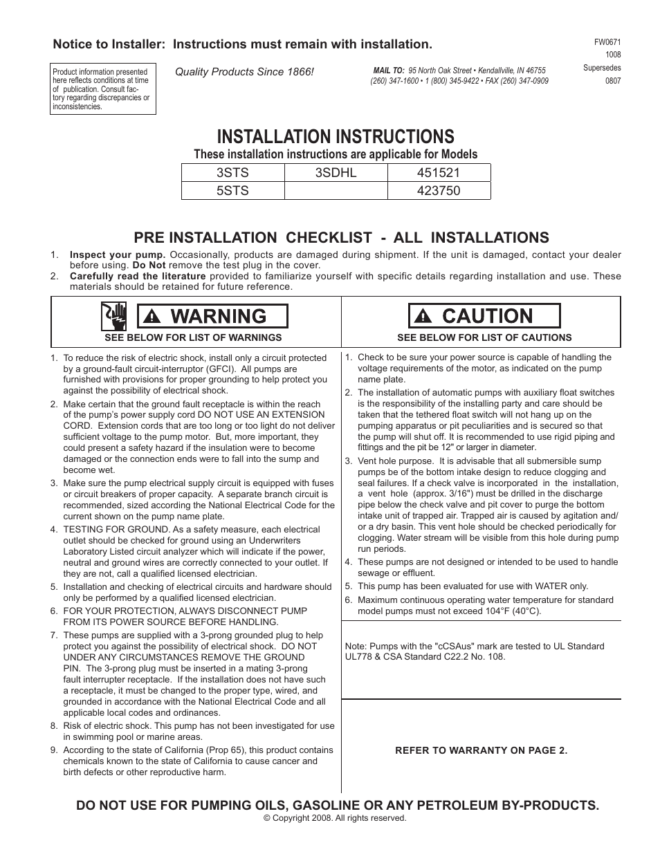 Star Water Systems 423750 User Manual | 2 pages