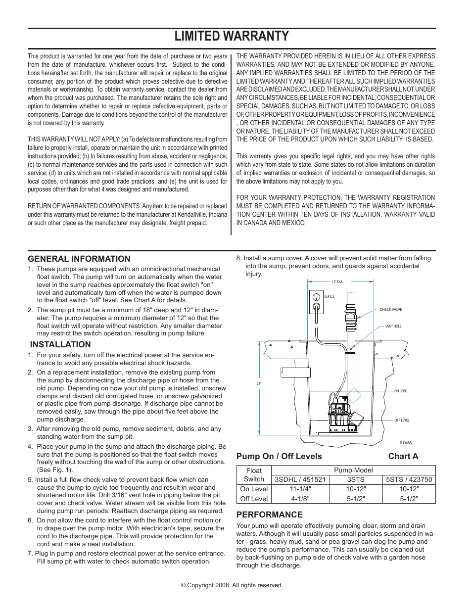 Limited warranty, General information, Installation | Pump on / off levels chart a, Performance | Star Water Systems 423750 User Manual | Page 2 / 2