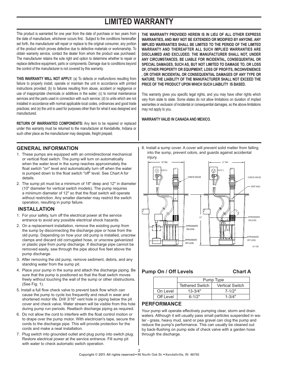 Limited warranty, General information, Installation | Pump on / off levels chart a, Performance | Star Water Systems 3USV User Manual | Page 2 / 2