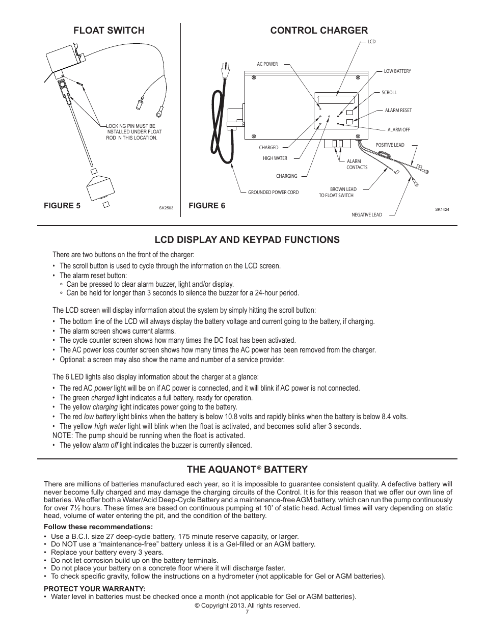 The aquanot, Battery float switch control charger, Lcd display and keypad functions | Star Water Systems FB12DCC (Flint & Walling) User Manual | Page 7 / 8