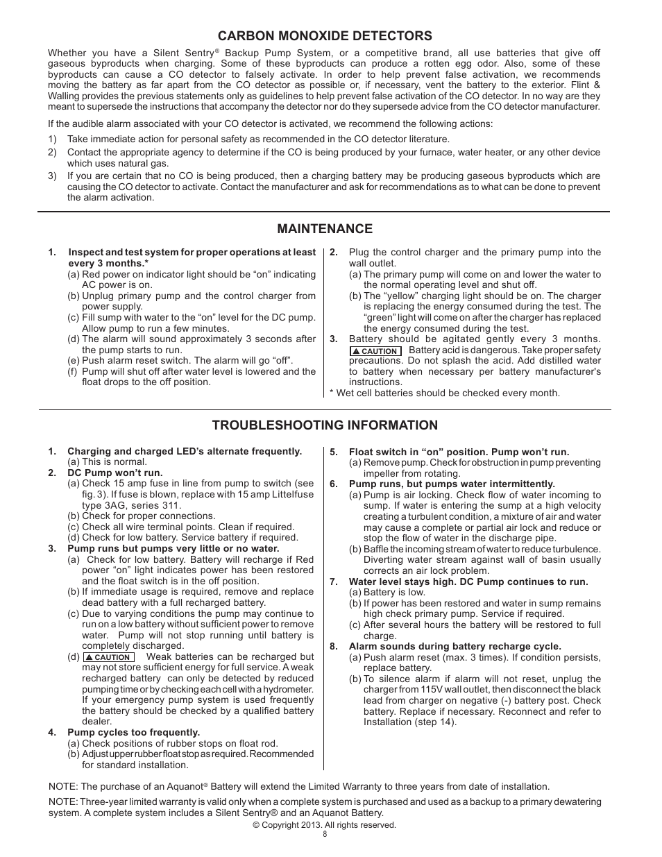 Maintenance troubleshooting information, Carbon monoxide detectors | Star Water Systems FB12DCC (Flint & Walling) User Manual | Page 8 / 8