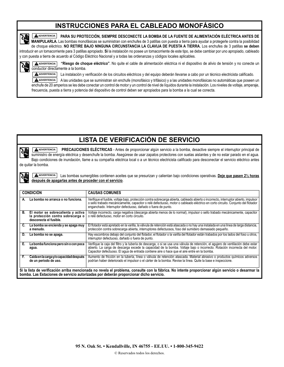 Lista de verificación de servicio, Instrucciones para el cableado monofásico | Star Water Systems ECP SERIES User Manual | Page 8 / 8