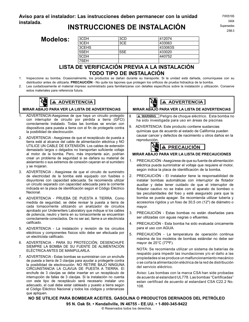 Instrucciones de instalación, Modelos | Star Water Systems 440752 User Manual | Page 4 / 11