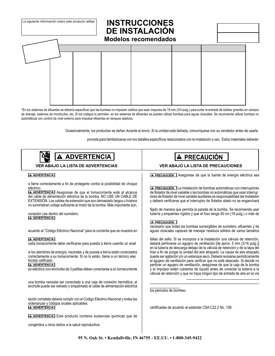 Instrucciones de instalación, Modelos recomendados, Modelos | Star Water Systems ECP SERIES User Manual | Page 5 / 8
