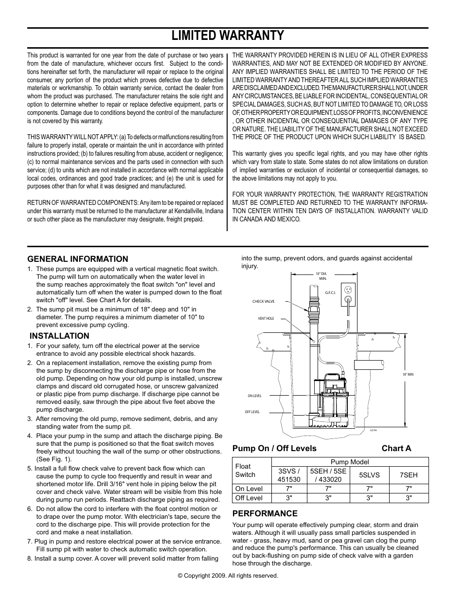 Limited warranty, General information, Installation | Pump on / off levels chart a, Performance | Star Water Systems 433020 User Manual | Page 2 / 2