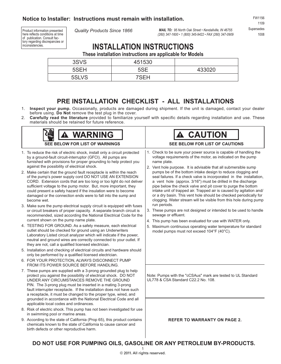 Star Water Systems 7SEH (Flint & Walling) User Manual | 2 pages