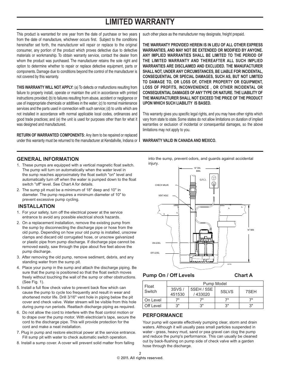 Limited warranty, General information, Installation | Pump on / off levels chart a, Performance | Star Water Systems 7SEH (Flint & Walling) User Manual | Page 2 / 2